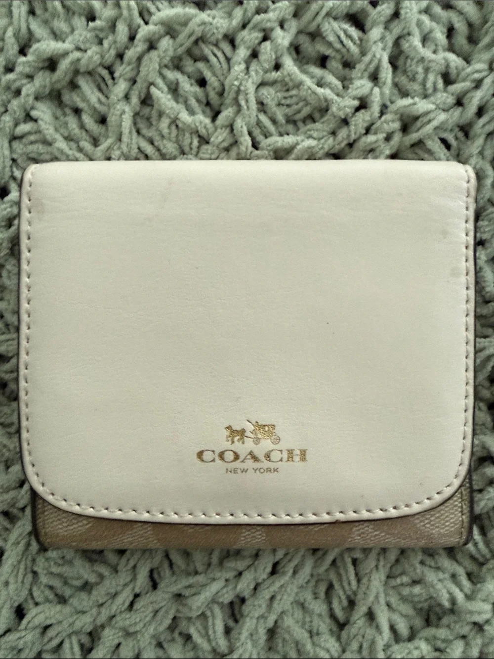 Coach Ivory Leather Card Holder with Signature Canvas Accent